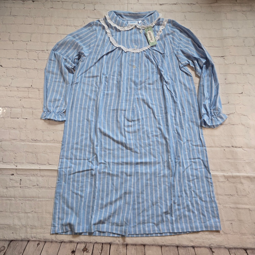 National Cotton Nightgown XL Blue Stripe Lace trim yolk granny gown cottage trad